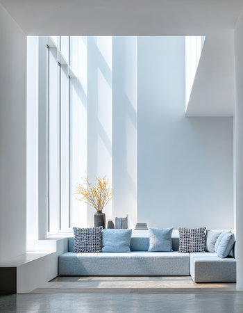 This living room features a light and spacious design with large windows allowing ample sunlight. A cozy blue sofa, decorative pillows, and a vase with flowers enhance its charm.の素材