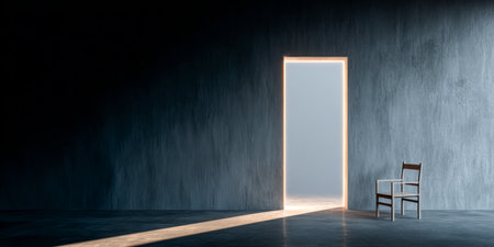 A bright doorway stands open in a dark space, casting light across the floor. A simple wooden chair is positioned nearby, creating a striking contrast.の素材