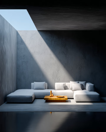 A stylish, minimalistic living room features a cozy sectional sofa and a wooden coffee table. Sunlight streams in from above, creating a calm, inviting atmosphere perfect for relaxation.の素材