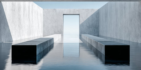 A minimalist interior features concrete benches flanking a doorway leading to a calm water surface, enhanced by natural light reflecting off the walls, creating tranquility.の素材