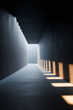 A narrow corridor with high walls allows light to pour in, creating dramatic contrasts between bright and shadowed areas. The sleek, minimal design emphasizes the play of light.の素材