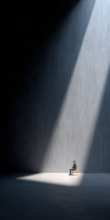 A solitary figure sits on a chair in a dimly lit space. Bright light streams from above, illuminating the surrounding darkness, creating a contrast that evokes reflection.の素材