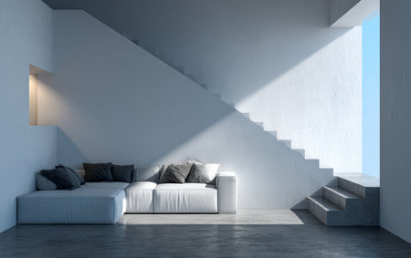 This contemporary living area features a comfortable white sofa adorned with gray cushions. Natural light streams in through spacious windows, highlighting the minimalist design and clean lines.の素材