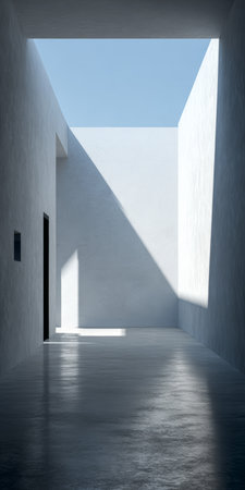 A spacious corridor features smooth, bright walls and a polished floor. Natural light filters in through a large opening, creating a calming atmosphere.の素材