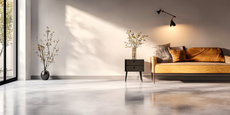 This cozy living room features a stylish yellow couch, a small table with a floral vase, and large windows allowing warm sunlight to fill the space, creating a welcoming atmosphere.の素材