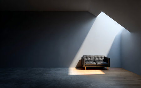 A black leather sofa sits in a spacious, minimalistic room. Soft sunlight filters through a skylight, creating a warm and inviting atmosphere. The walls are bare, enhancing the simplicity.の素材