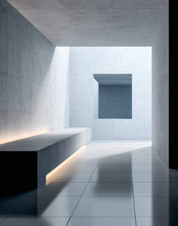 This scene showcases an elegantly designed space with smooth, concrete walls and a sleek bench. Natural light filters in through a square window, creating a serene atmosphere.の素材
