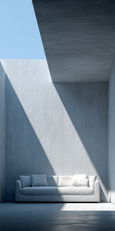 A spacious living room features a simple white sofa, large windows allowing sunshine, and concrete walls. The design emphasizes minimalism and tranquility, creating a peaceful atmosphere.の素材