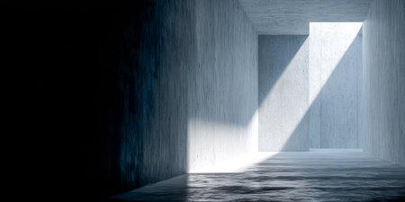 Bright sunlight filters through a minimalist corridor, casting soft shadows on the smooth concrete surfaces. The scene evokes calmness and simplicity in design.の素材