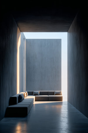 A spacious room features a minimalist design with clean lines and a comfortable sofa. Morning light streams in, highlighting the concrete walls and creating a serene atmosphere.の素材