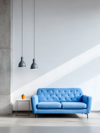 A bright and modern living room features a comfortable blue sofa, minimalist side table with a plant, and sleek pendant lights illuminating the space. Natural light adds warmth.の素材