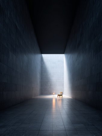 A single wooden chair sits in a spacious, minimalist room. Bright light filters through a narrow opening, creating a peaceful atmosphere. Dark walls enhance the tranquility.の素材