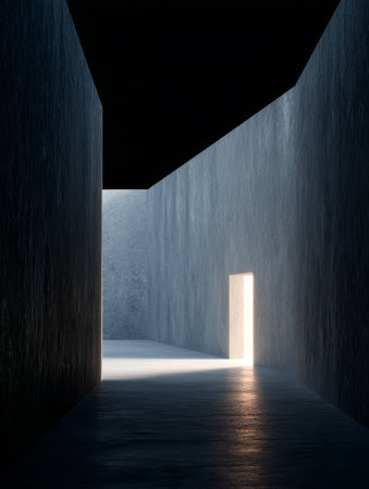 Bright light floods into a dark corridor through an open door, illuminating the sleek walls and floors. The scene evokes a contemplative atmosphere, inviting exploration and curiosity.の素材