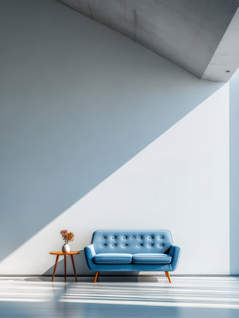 A stylish blue sofa sits beside a wooden table in a minimalist living room. Bright sunlight streams through the large window, creating sharp shadows on the floor.の素材