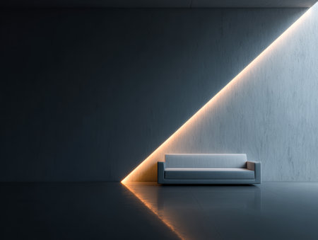 A spacious room features a sleek white sofa illuminated by a creative beam of light. The walls are dark, enhancing the dramatic atmosphere in this elegant setting.の素材