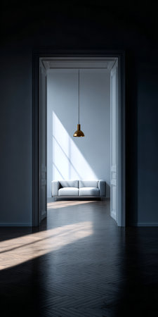 Sunlight casts shadows across a stylish living room with a simple, elegant sofa. The space feels warm and inviting, perfect for relaxation and comfort.の素材