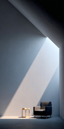 Bright sunlight pours through a geometric opening in the wall, highlighting a sleek chair and a small table in a tranquil, minimalist space. The room combines simplicity with warm light.の素材