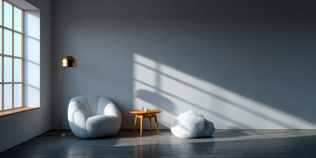 A spacious room features a plush chair and a small wooden table near a large window. Soft sunlight creates long shadows on the wooden floor, enhancing the tranquil atmosphere.の素材