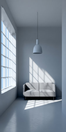 A spacious living room features a gray couch positioned against a white wall. Bright sunlight filters through large windows, creating a serene ambiance in the room.の素材