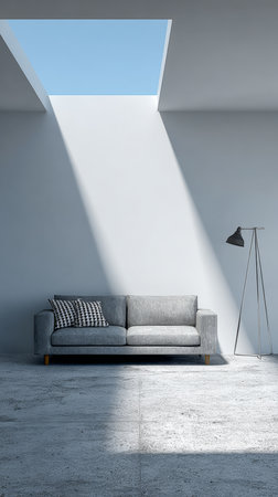 A spacious living room features a grey sofa with a decorative cushion beside a floor lamp. Bright sunlight enters through a skylight, illuminating the polished concrete floor.の素材