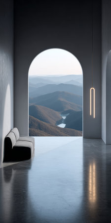 A sleek interior features a comfortable couch with a stunning view of softly rolling mountains in the distance. Soft light enhances the tranquil ambiance during the evening.の素材