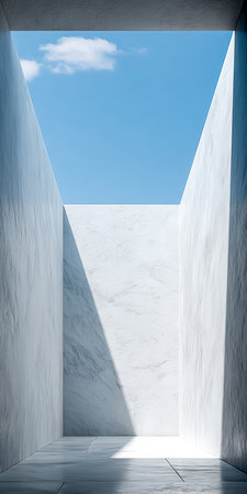 A serene space showcases smooth white walls rising towards an open sky. Natural light floods the area, highlighting the simplicity and beauty of the design.の素材