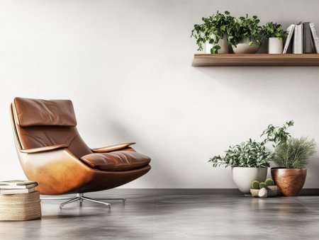 A modern living room showcases a sleek brown chair beside potted plants and a wooden shelf filled with books. The bright, minimalistic design creates a welcoming atmosphere.の素材