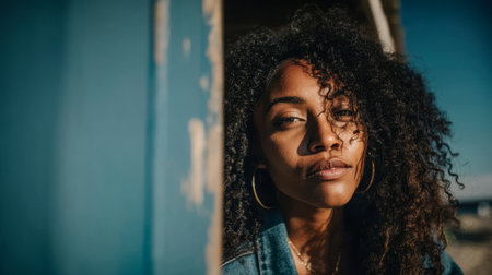 A woman with beautiful curly hair leans against a blue wall on a sunny day. She gazes thoughtfully into the distance, embodying tranquility and strength in a peaceful outdoor setting.の素材