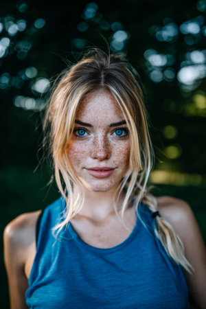 A young woman with striking blue eyes and freckles poses in a lush green forest. Sunlight filters through the trees, creating a warm glow around her as she enjoys the serene surroundings.の素材