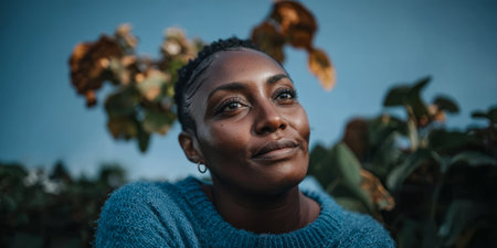 A woman wearing a blue sweater sits peacefully outdoors, smiling as she enjoys her surroundings. Green plants and bright sunlight create a calm, natural atmosphere.の素材