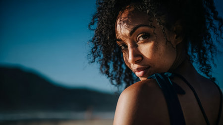 A woman stands at the beach, gazing back with a calm expression as the sun sets behind her. The scene captures warmth and the beauty of the moment by the ocean.の素材