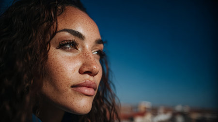 In a bright outdoor location, a woman with curly hair looks up at the blue sky, her expression thoughtful. The warm sunlight illuminates her face and features, highlighting her natural beauty.の素材