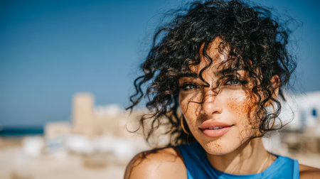A young woman stands on a sunlit beach, showcasing her curly hair and freckles. Behind her are historical buildings and a clear blue sky, creating a vibrant atmosphere.の素材