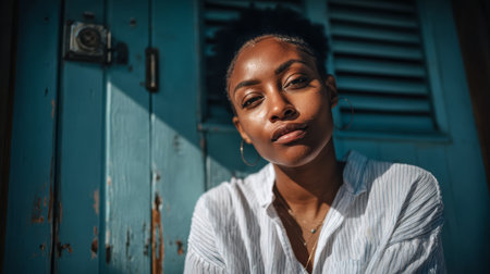 A young woman with natural hair stands confidently in front of a blue wall. Soft sunlight highlights her features, creating a relaxed and strong appearance.の素材