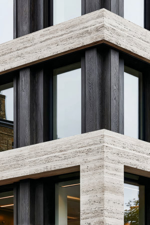 This structure showcases a modern architectural style with a mix of smooth and textured surfaces. Large windows enhance natural light, contributing to a fresh urban look.の素材