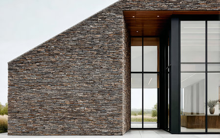 A striking modern building showcases a textured stone facade combined with expansive glass windows. Surrounded by green fields, it stands in harmony with nature.の素材