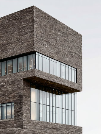 A striking modern building showcases a textured stone exterior with expansive glass windows. The unique design reflects creativity in urban architecture.の素材