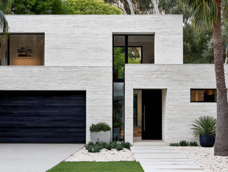 A contemporary house with a sleek exterior, large windows, and a stylish entryway welcomes visitors. The well-kept lawn and simple landscaping enhance its elegant appearance.の素材