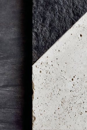 This display features a blend of smooth white concrete and dark textured material, highlighting the beauty of minimalism in contemporary design.の素材