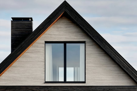 A modern house features a unique triangular roof and a prominent large window, showcasing contemporary architecture against a serene sky backdrop.の素材