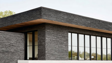 A sleek stone house features a dark exterior with large glass windows, blending with the peaceful landscape around it. The design showcases modern architecture and clean lines.の素材