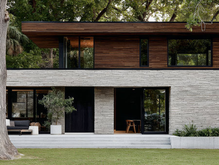 A stylish modern house showcases a blend of stone and wooden materials. Large windows reflect the greenery surrounding the home, creating a bright and inviting space.の素材