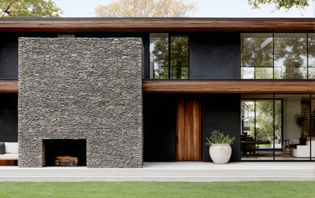 This modern residence showcases a unique combination of stone and wood. Large glass windows let in natural light, while a green lawn adds to the peaceful atmosphere surrounding the home.の素材