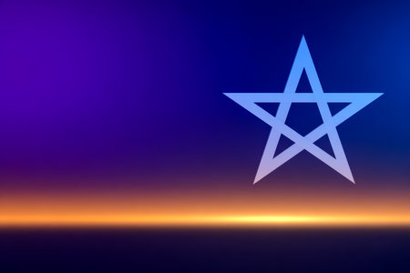 A large geometric star symbol is centered in a colorful gradient background featuring deep purple and warm orange hues. The scene captures a serene twilight ambiance.の素材