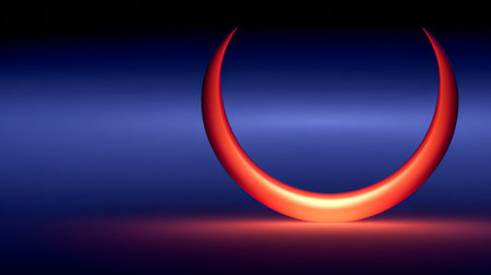 A vibrant red crescent shape shines brightly against a deep blue backdrop, creating a striking contrast. The modern design gives a sense of realism and depth in a minimalist scene.の素材