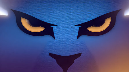 A large cat face with striking yellow eyes stares forward against a dark blue background. The scene captures an artistic interpretation of a feline, creating a mysterious atmosphere.の素材