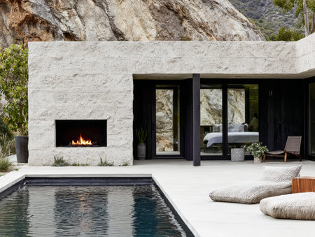 A modern stone house features a sleek design with a pool and cozy seating area. It is situated near a rocky terrain, creating a peaceful and inviting atmosphere.の素材