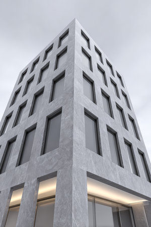 This striking gray building features a geometric design with numerous windows, reflecting a modern architectural style in a bustling city landscape under a cloudy sky.の素材