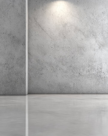 This modern space features smooth concrete walls and a polished floor, creating a minimalist atmosphere perfect for various design purposes. Natural light enhances the clean look.の素材