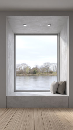 A cozy window seat offers a beautiful view of a calm river lined with trees. Soft cushions add comfort, creating a tranquil space for relaxation and contemplation.の素材